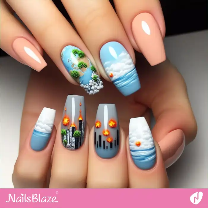 Global Warming and Increasing Sea Level and Fire Nail Art | Climate Crisis Nails - NB3013